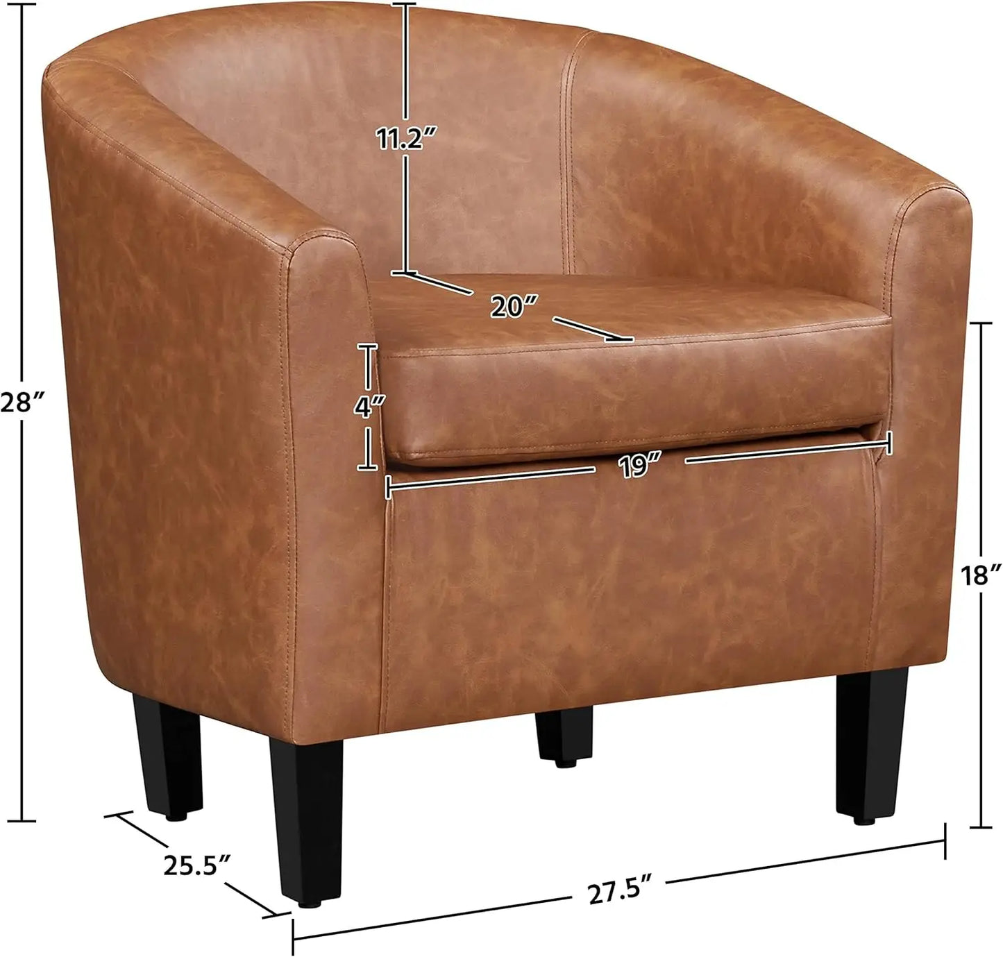 Modern Accent Set of 2 Faux Leather Barrel Comfy Club Armchairs with Soft Seat for Living Room