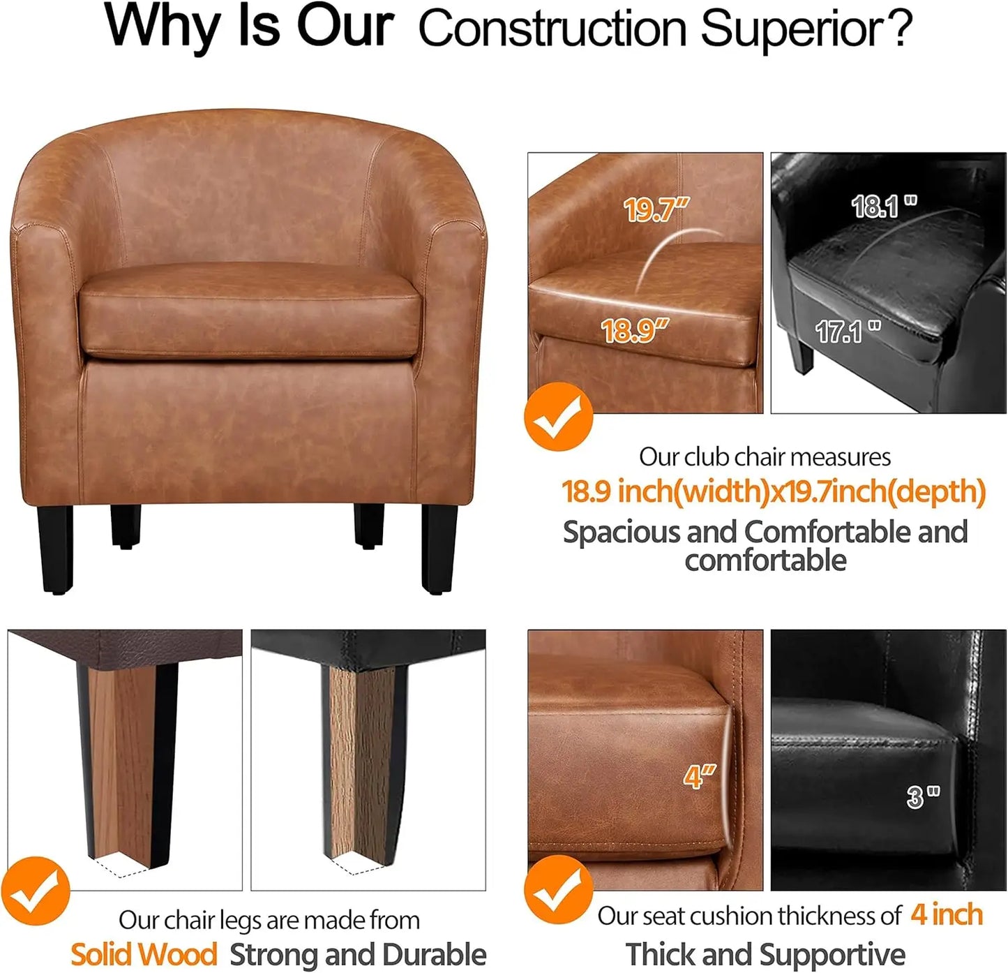 Modern Accent Set of 2 Faux Leather Barrel Comfy Club Armchairs with Soft Seat for Living Room