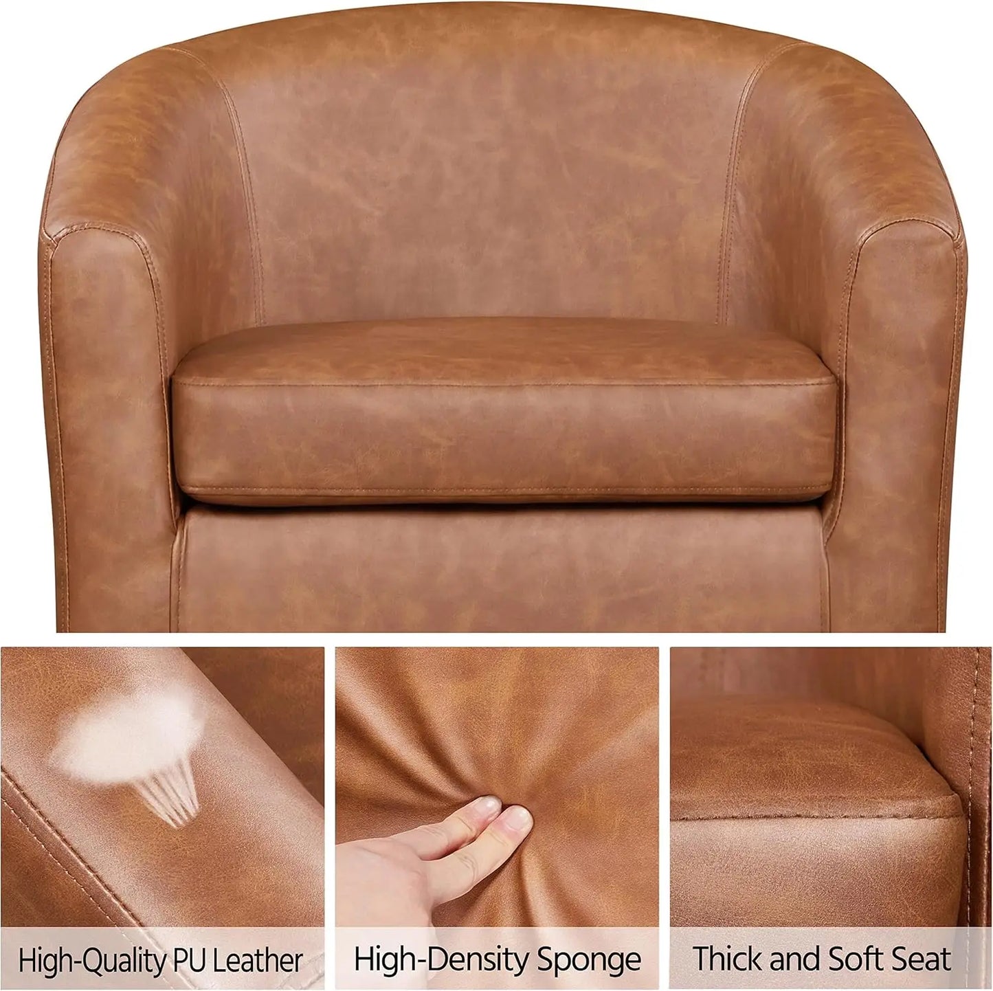 Modern Accent Set of 2 Faux Leather Barrel Comfy Club Armchairs with Soft Seat for Living Room