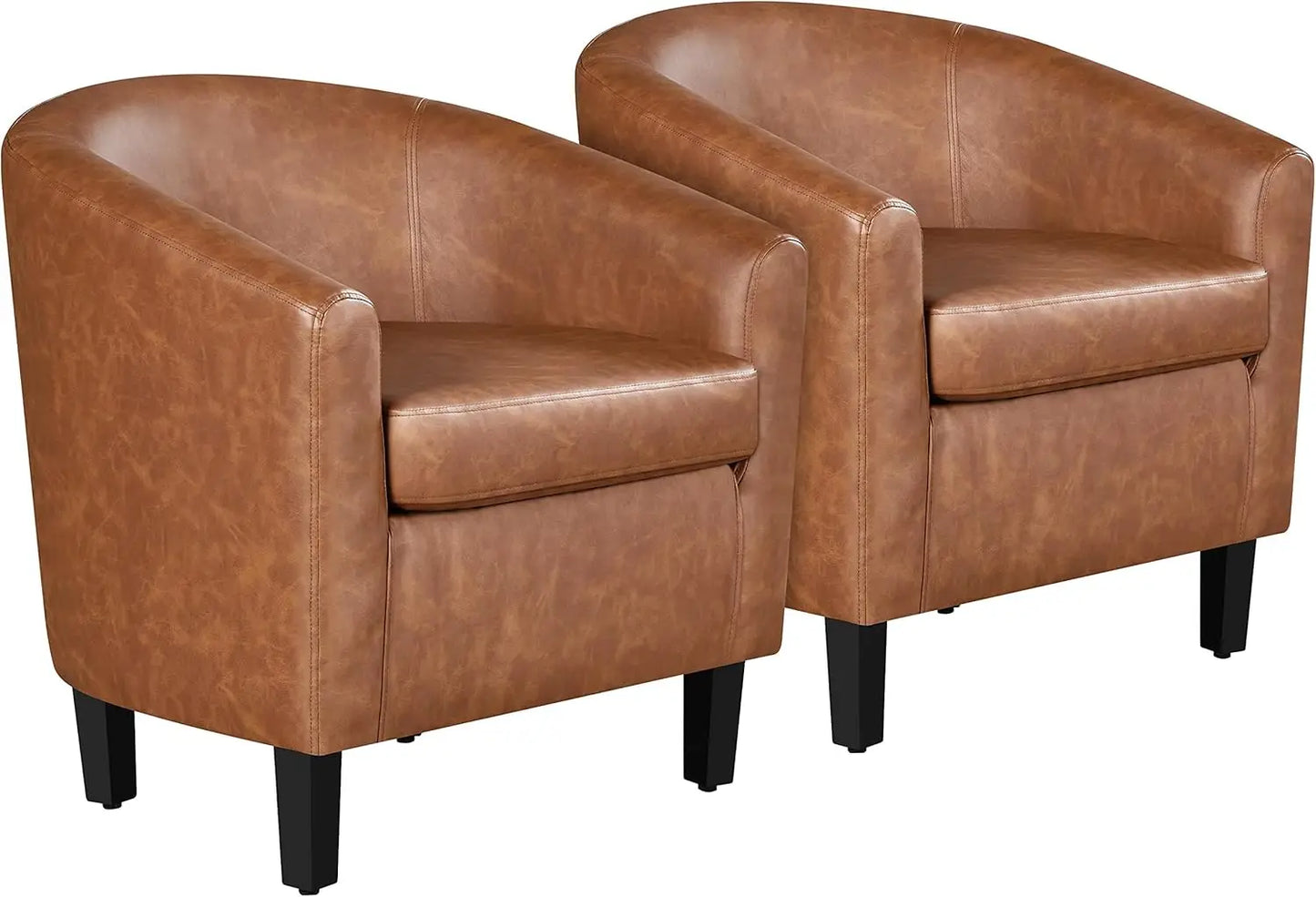 Modern Accent Set of 2 Faux Leather Barrel Comfy Club Armchairs with Soft Seat for Living Room