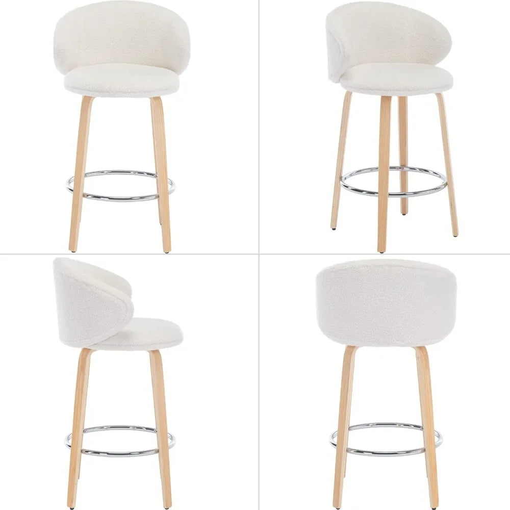 26 Inch Set of 4 Counter Height Sherpa Barstools Wooden Legs with Barrel Backrest for Kitchen, Island or Dining Room, White