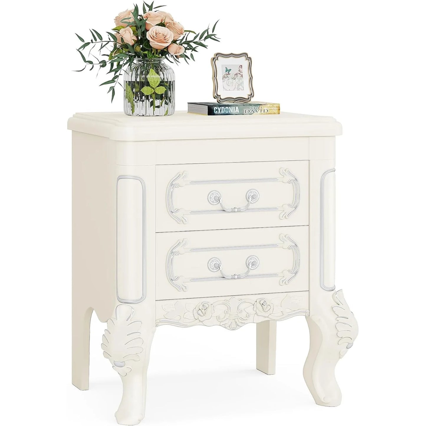 White Classic Carved Nightstand or End Tables with 2 Drawers for Bedroom