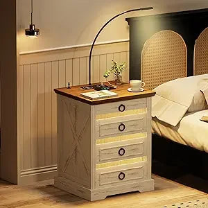 Set of 2 LED Farmhouse Nightstand or Bedside Tables with Gun Drawer, Charging Station for Bedroom