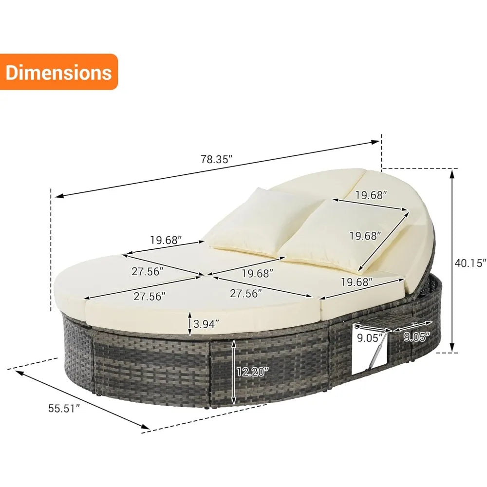 Outdoor Round Patio Daybed, Rattan Sun Bed with Adjustable Backrests and Foldable Cup Trays, Reclining Outdoor Lounger with Cus
