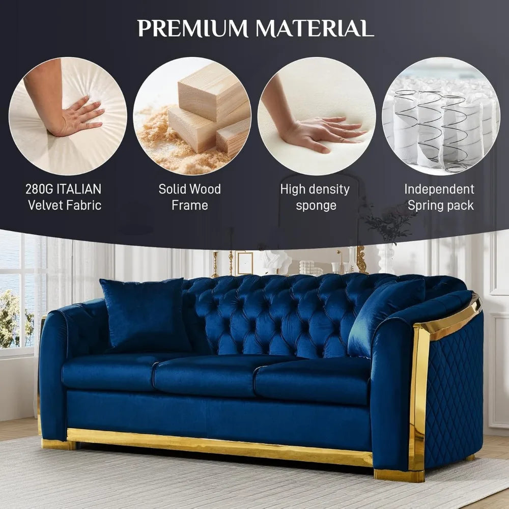 81" 3 Seater Modern Mid Century Velvet Chesterfield Blue and Gold Luxury Curved Loveseat and Sofa Couch for Living Room