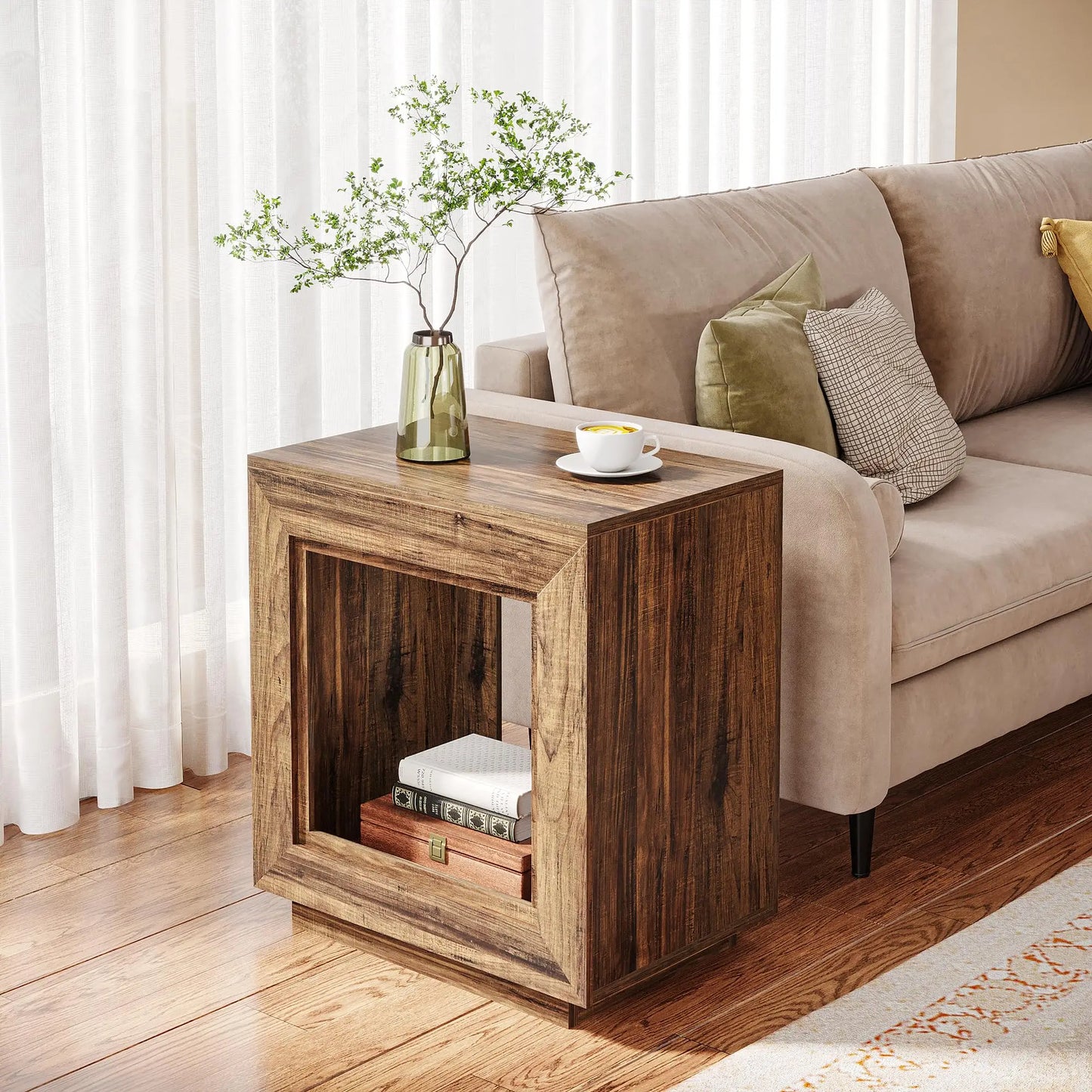 Rustic Wood 2 Tiered Square Side End Table with Storage for Living Room, Ent