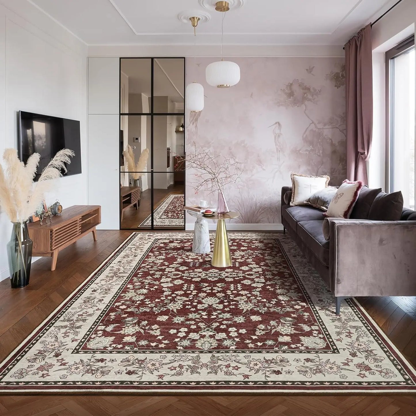 Washable Vintage Floral Print Soft Low Pile Non-Slip Rugs for Living Room and Bedroom