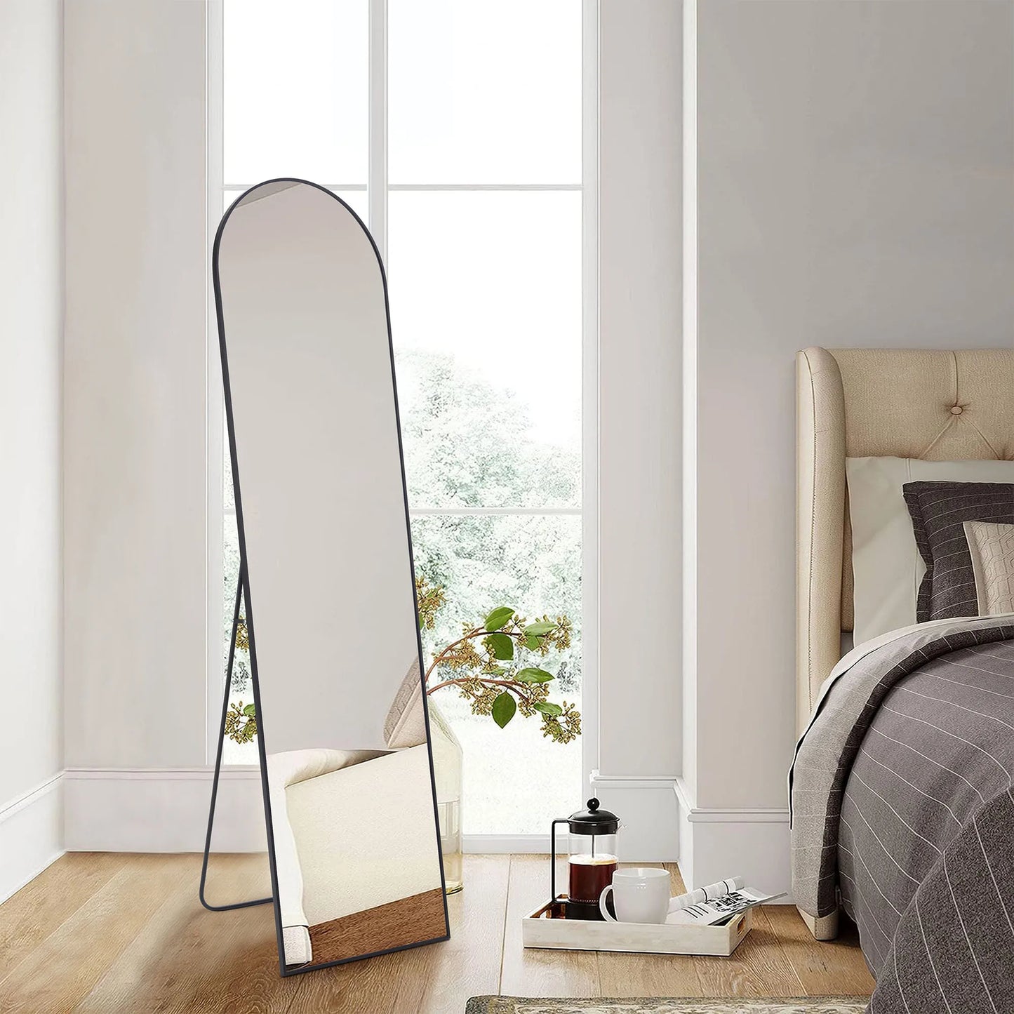 59"x16" Full Length Arched Right Angle Sturdy Aluminum Alloy Frame Mirror with Stand for Living Room or Bedroom
