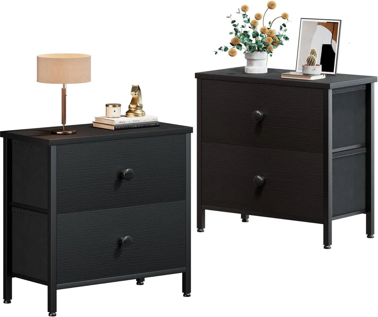 Modern Small Black Nightstands Set of 2 with 2 Fabric Drawers Dresser for Bedroom