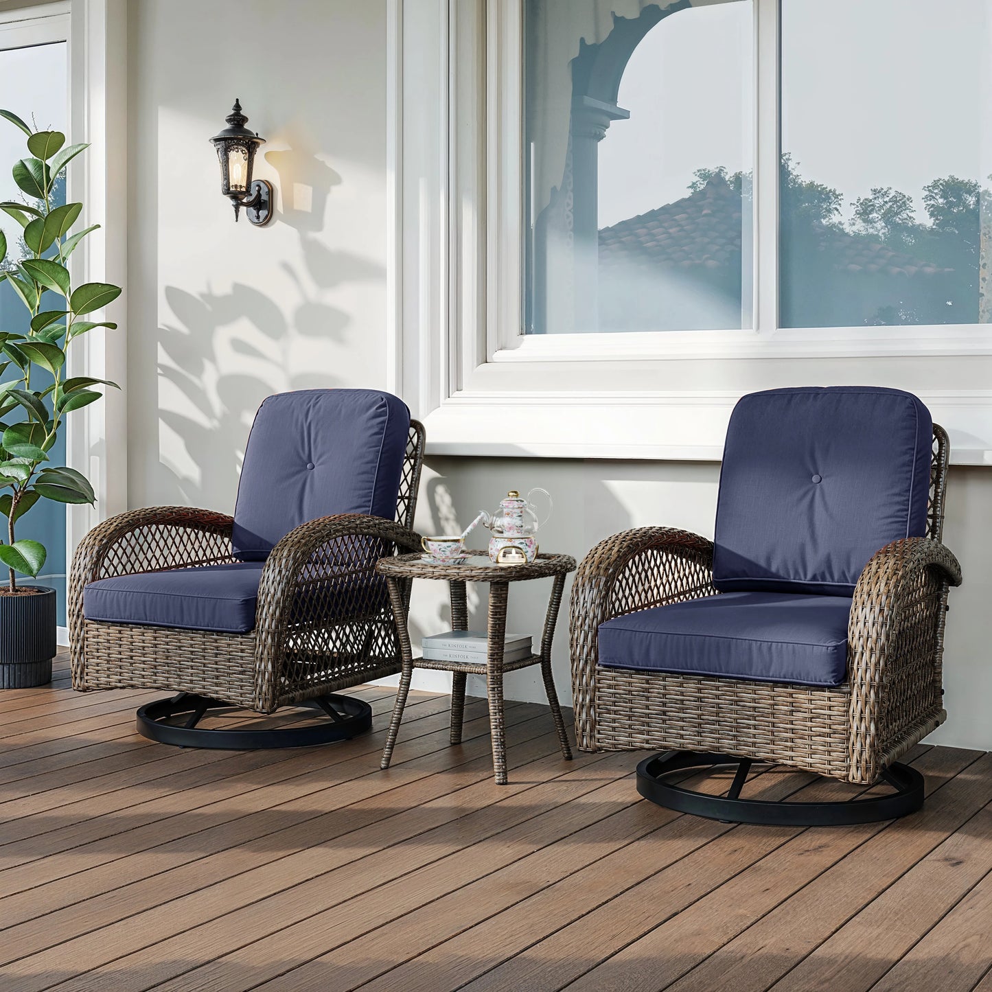 3 Pieces Outdoor Rotating Rocking Chair Patio Bistro Set with Cozy and Padded Cushions.