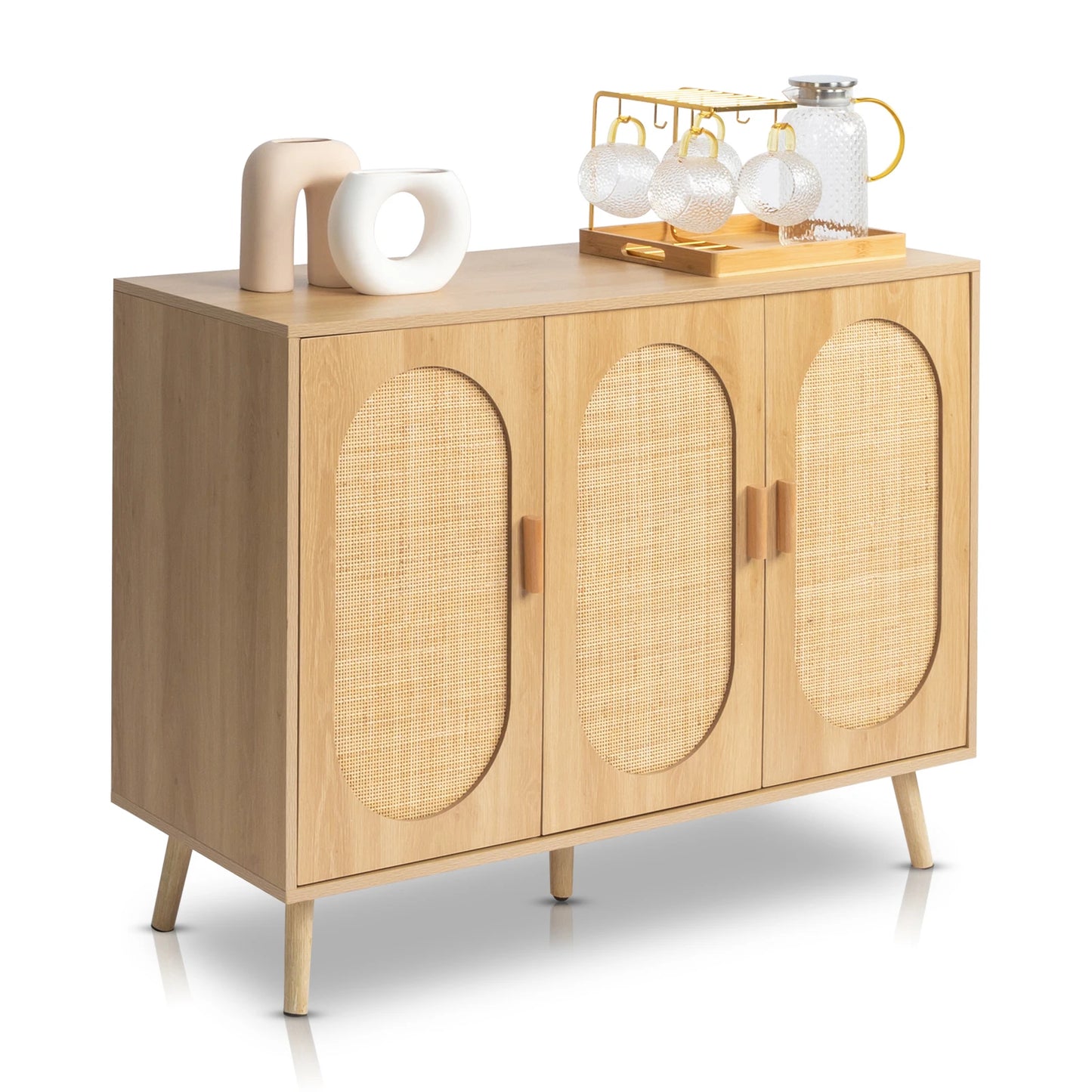 Modern Rattan Shoe Storage Cabinet with 3 Doors and Adjustable Shelves