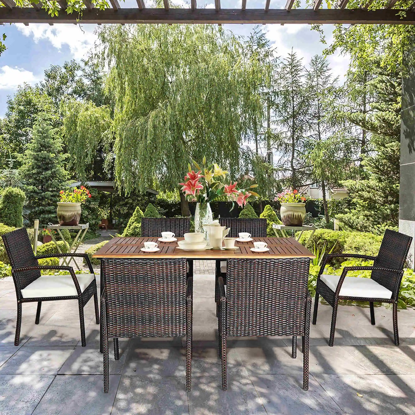 7PCS Rattan Patio Dining Set Wooden Chairs, Table Top W/Umbrella Hole