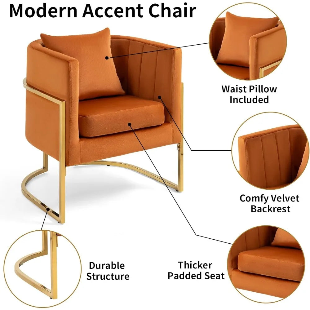 Velvet Modern Accent Chairs Set of 2, Upholstered Barrel Armchair Mid Century with Pillow for Living Room, Comfy Single Vanity C