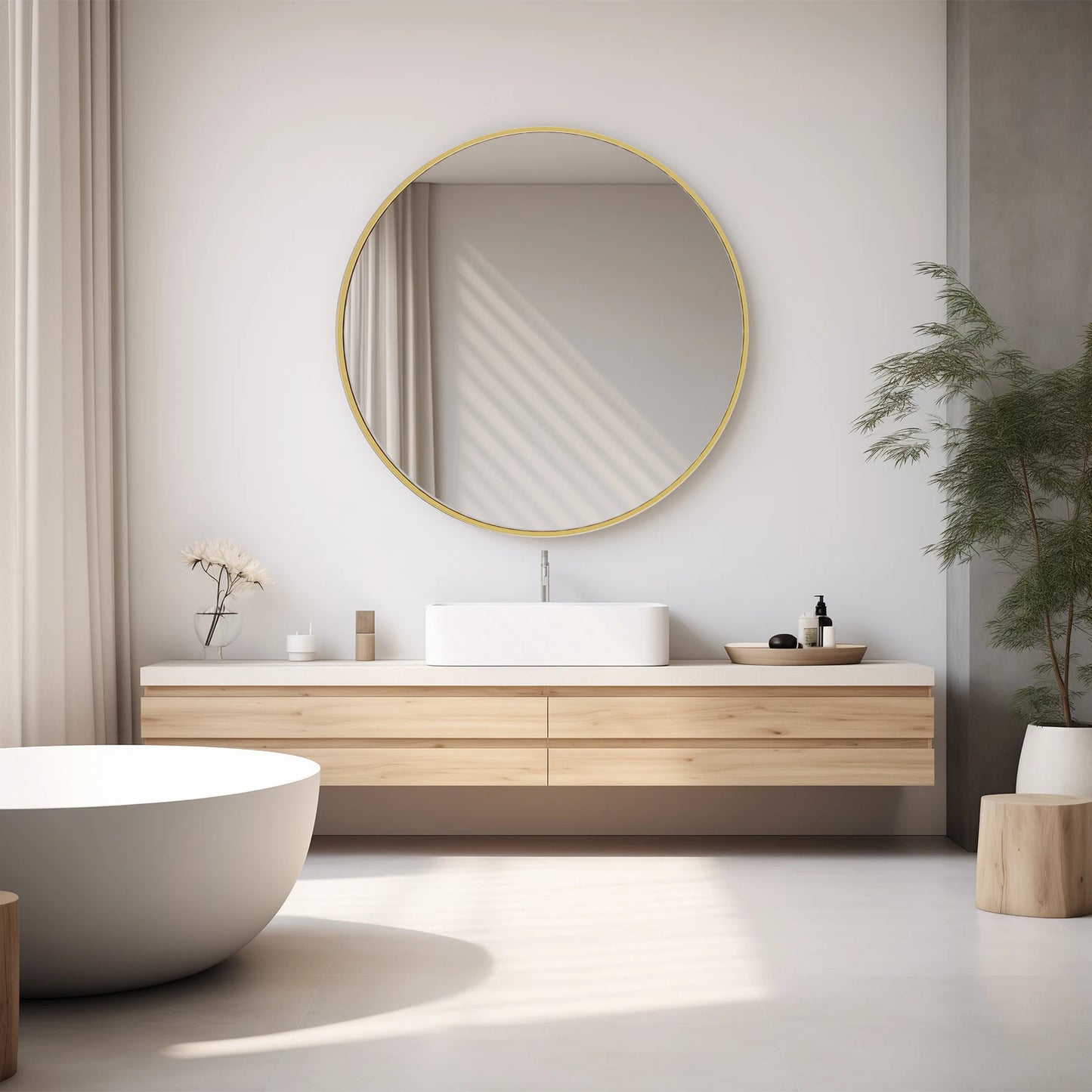 Large Gold Round 30 inch Modern Tempered Glass Framed Mirror for the Wall in Bedrooms or Living Room