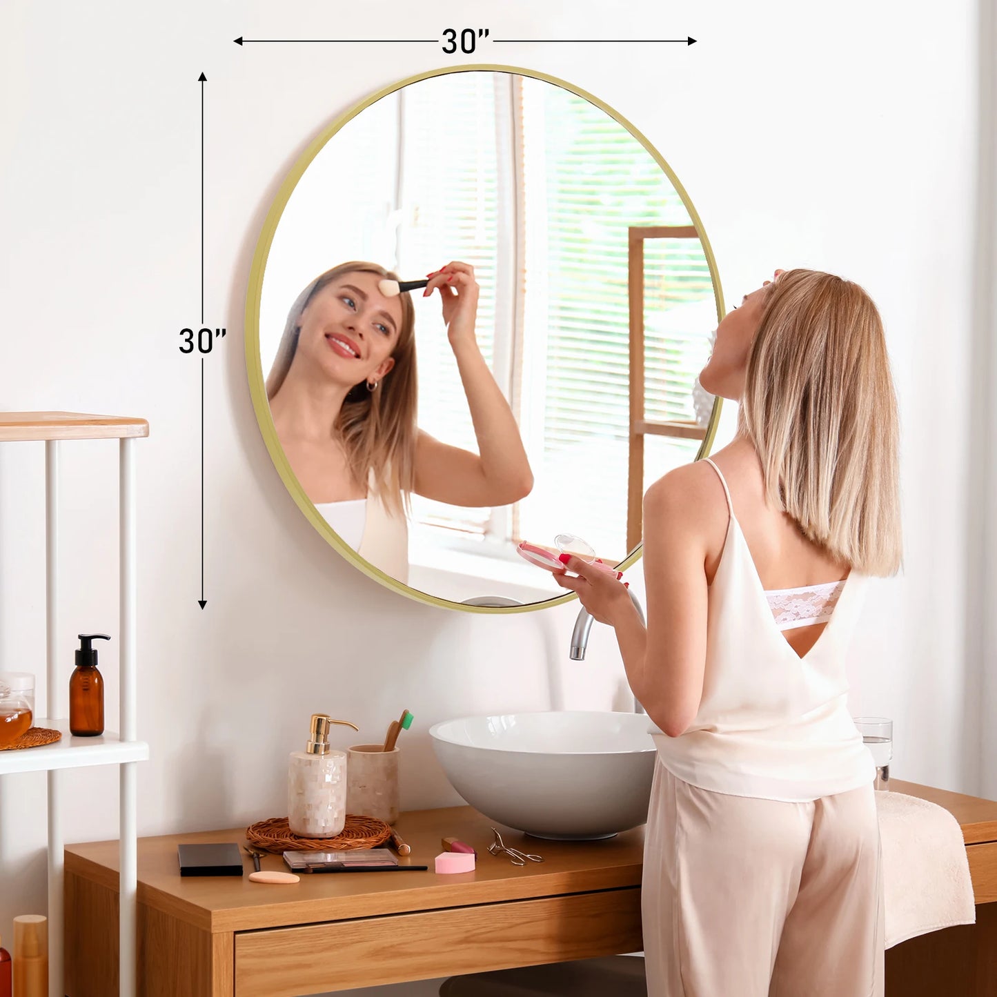 Large Gold Round 30 inch Modern Tempered Glass Framed Mirror for the Wall in Bedrooms or Living Room