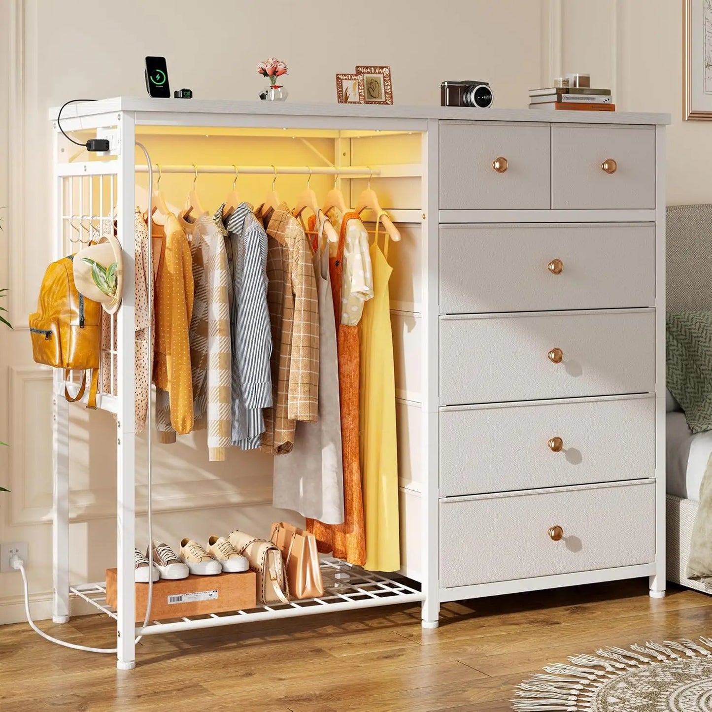 49.2" W White 6 Drawer Dresser for Bedroom with Hanging Rack, LED Lights & Charging Station, Fabric Dressers