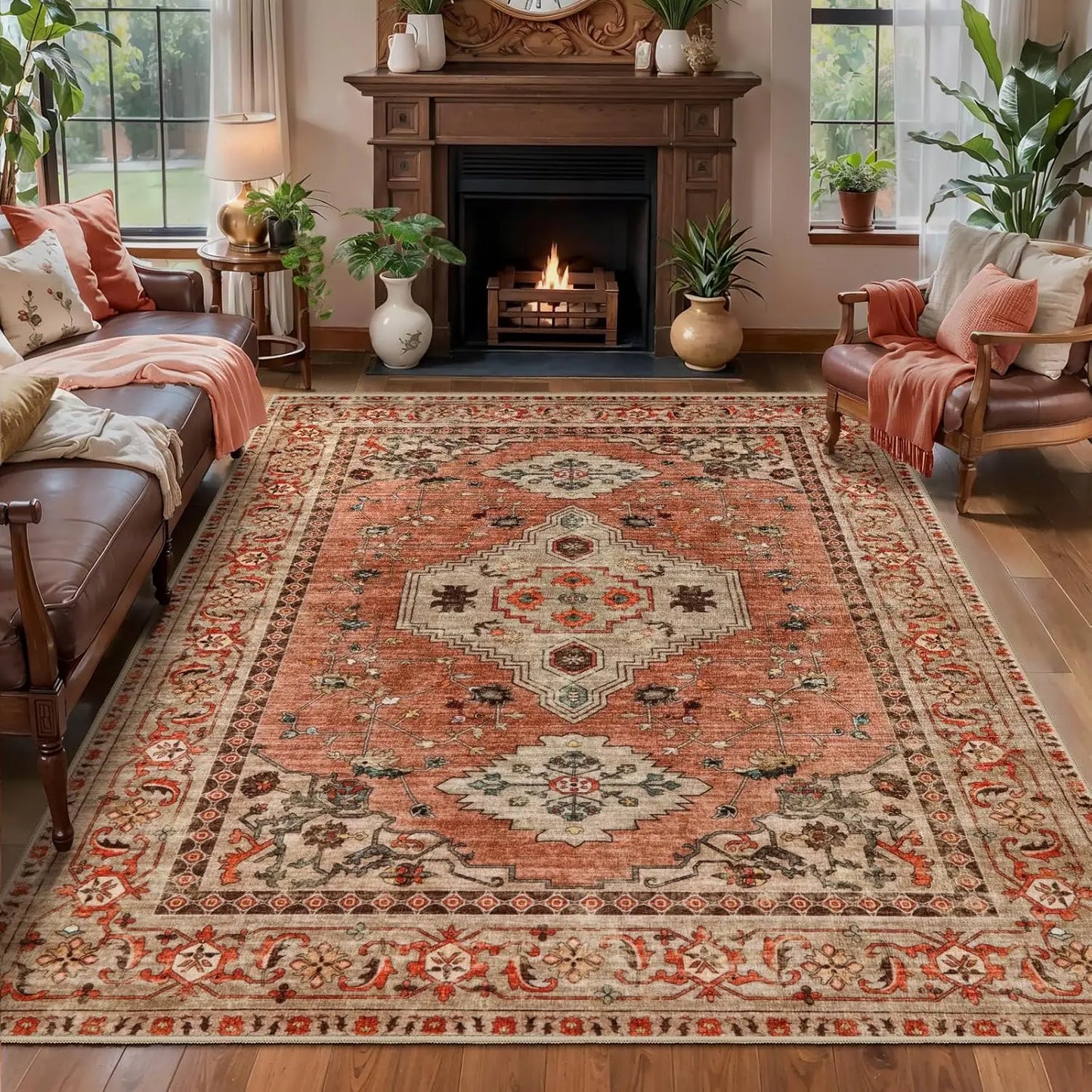 4'x6' Washable Vintage Distressed Turmeric Area Rug for Living Room or Bedroom