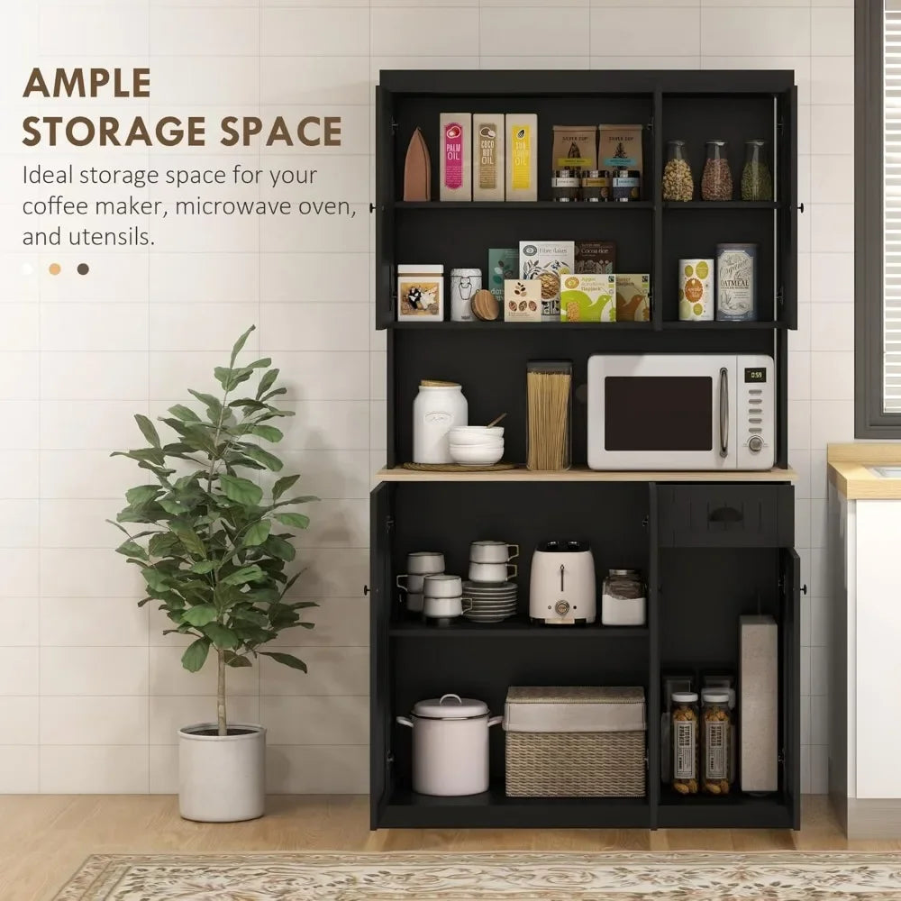 71" Modern Farmhouse Buffet Kitchen Pantry Storage Cabinet with Microwave Oven Countertop, Drawers and Hutch