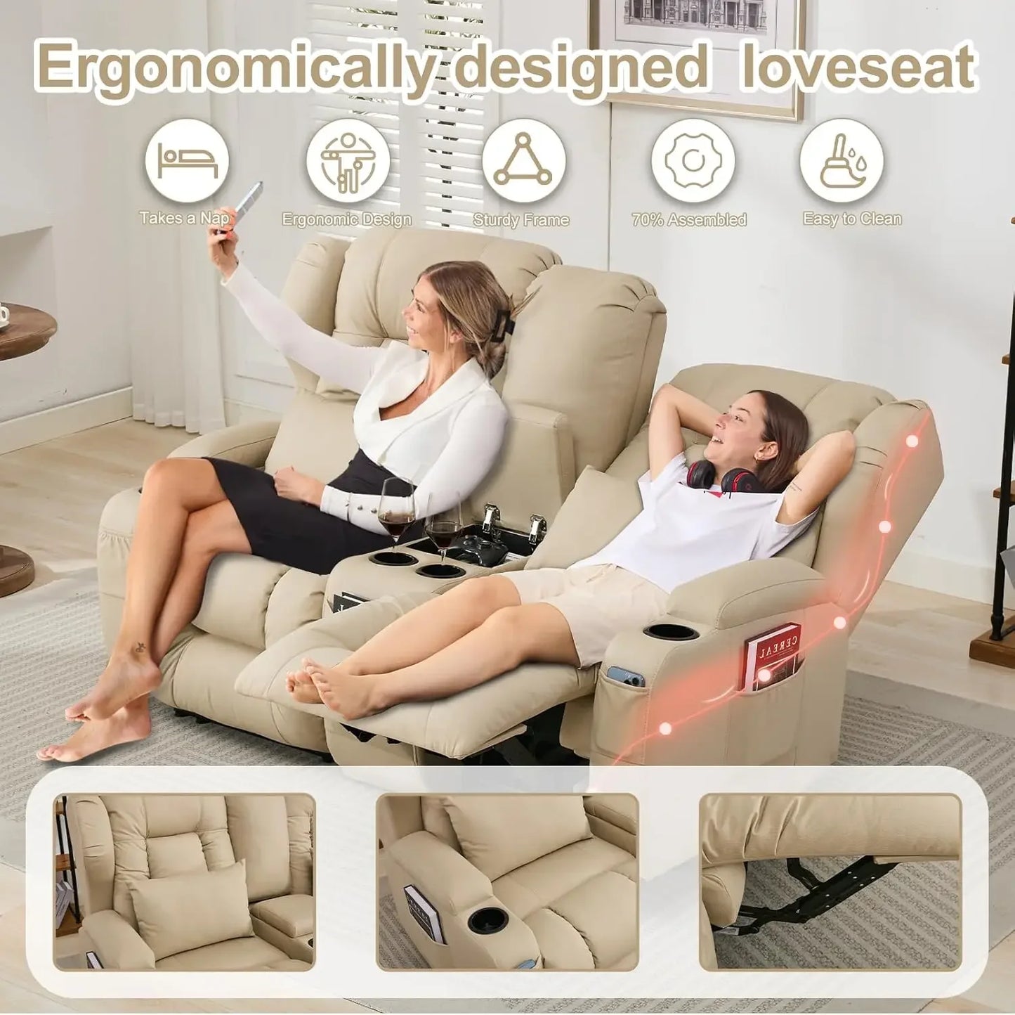 65.5" RV Loveseat Double Recliner for RV Sofa & Console | RV Couch | RV Furniture, Home Theater Seating… (Beige)
