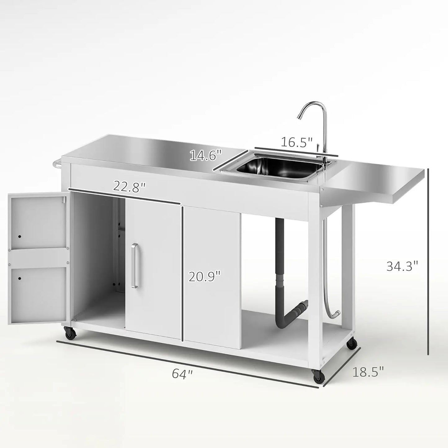 Outdoor Kitchen Island Grill Table and with Stainless Steel Sink and Drainage, Foldable Side Table and Cabinet