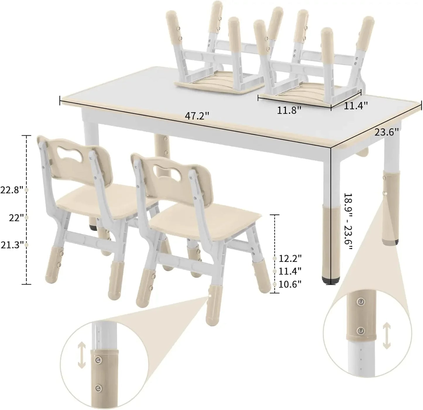Table and Chairs Set for 4, 47.2''L x 23.6''W Kids Study Table and Chair Set, Height-Adjustable, Graffiti Desktop, Children