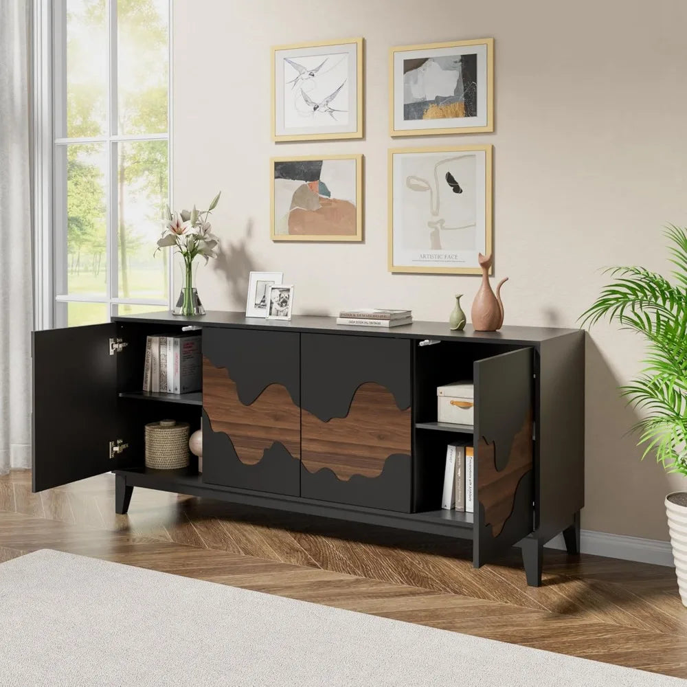 Modern 4 Door Sideboard Buffet Cabinet with Brown Water Stream Patterns Design - Versatile Storage Solution for Kitchen