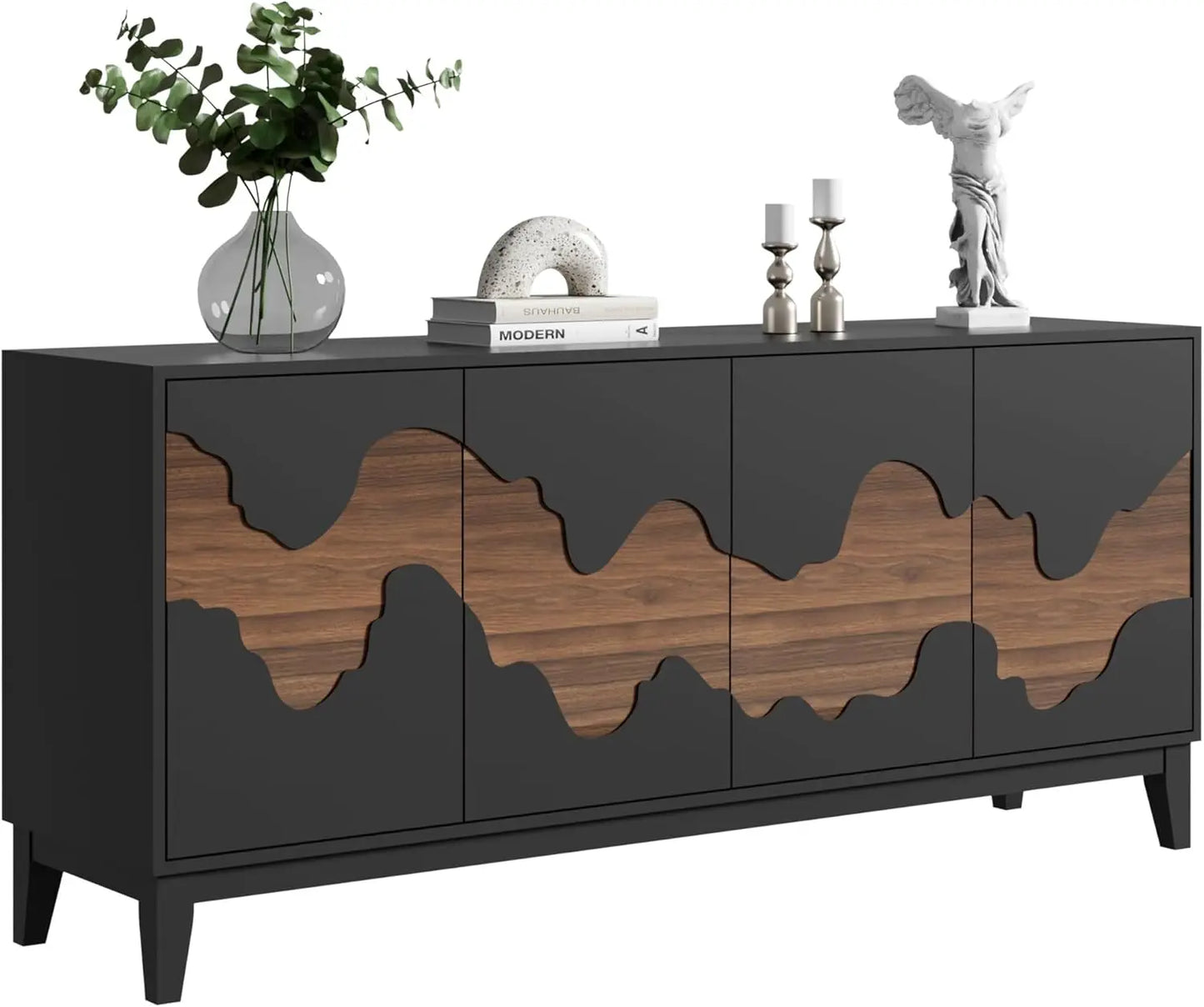 Modern 4 Door Sideboard Buffet Cabinet with Brown Water Stream Patterns Design - Versatile Storage Solution for Kitchen