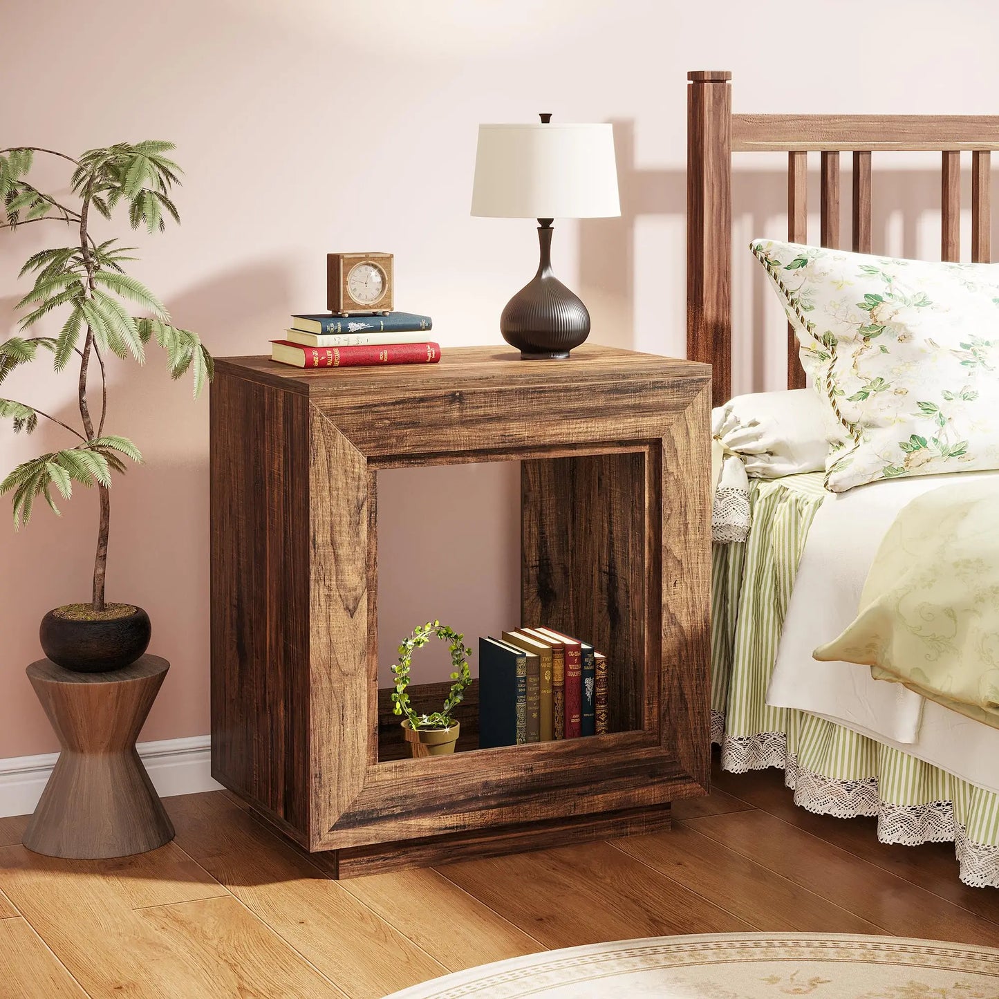Rustic Wood 2 Tiered Square Side End Table with Storage for Living Room, Ent