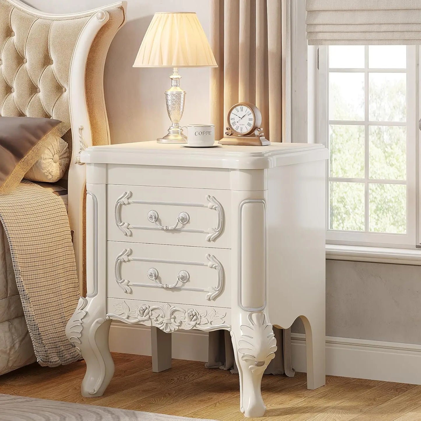 White Classic Carved Nightstand or End Tables with 2 Drawers for Bedroom