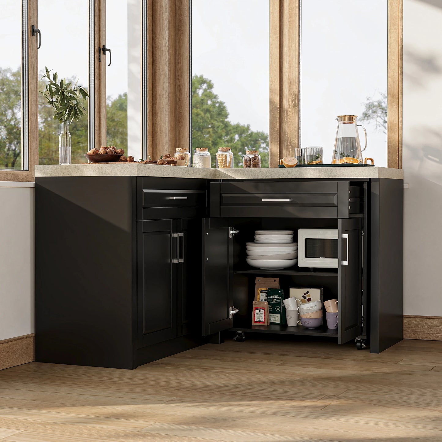 Modern L-Shaped 4-door pantry cabinet with 2 drawers and spacious countertop, black