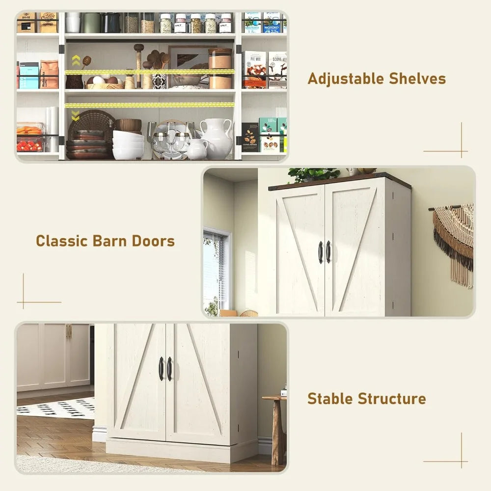 71" Tall Farmhouse Rustic Wood Kitchen Pantry Cabinet with Adjustable Shelves & 4 Barn Doors & Drawers