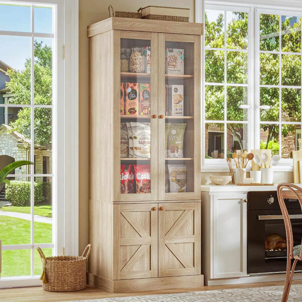 71" Tall Farmhouse Set of 3 Large Storage Cabinets with Glass Doors & Adjustable Shelves, Versatile Wood Hutch