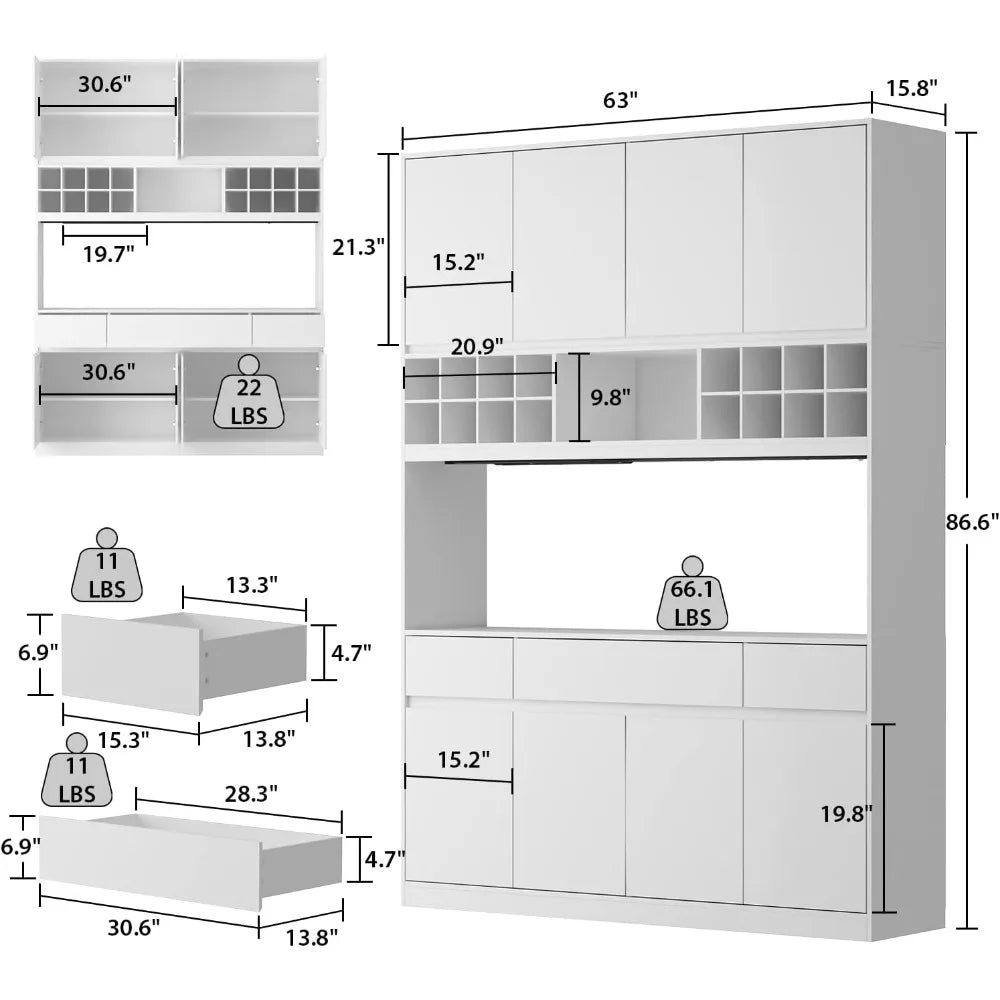 Large Kitchen Hutch Cabinet Storage Cupboard Pantry with 8 Doors, 3 Drawers, Wine Rack & Microwave Shelf, Floor Kitchen Utility