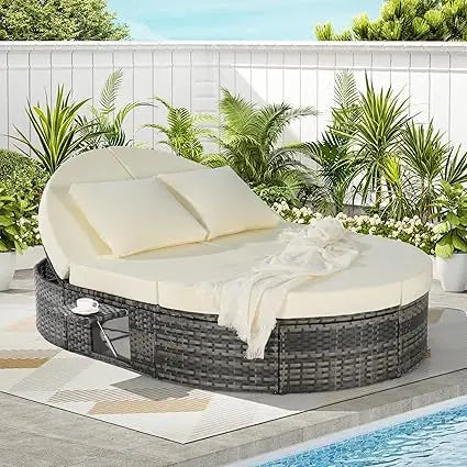 Outdoor Round Patio Daybed, Rattan Sun Bed with Adjustable Backrests and Foldable Cup Trays, Reclining Outdoor Lounger with Cus
