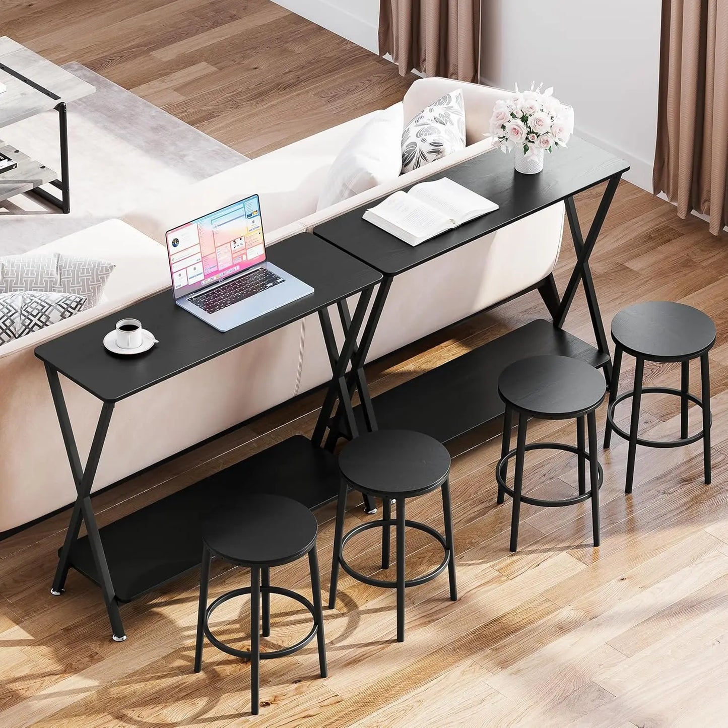 Narrow Console Metal Frame Wood Sofa 2-Tier Industrial Entryway Table with Shelf For Living Room, 80*30*81cm