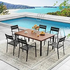 7 Pieces Outdoor Metal Frame Patio Dining Set, with 6 Cream Stackable Metal Chairs and 63" Sand shell Rectangle Dining Table