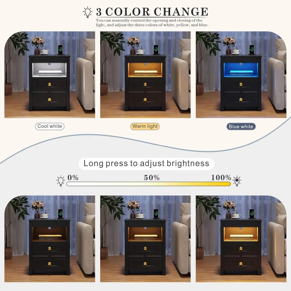 Set of 2 LED Farmhouse Nightstand or Bedside Tables with Gun Drawer, Charging Station for Bedroom