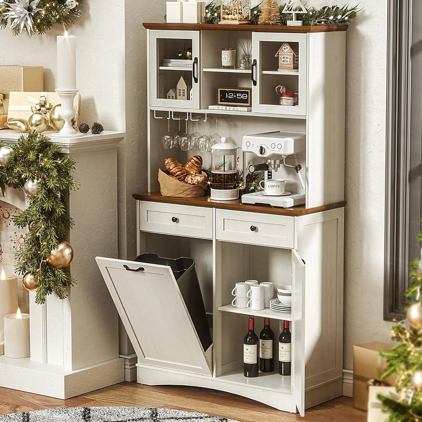 Freestanding Wooden Tilt Out 13 Gallon Trash Can with Adjustable Shelves and 2 Hideaway Drawers