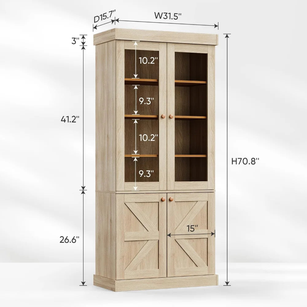 71" Tall Farmhouse Set of 3 Large Storage Cabinets with Glass Doors & Adjustable Shelves, Versatile Wood Hutch