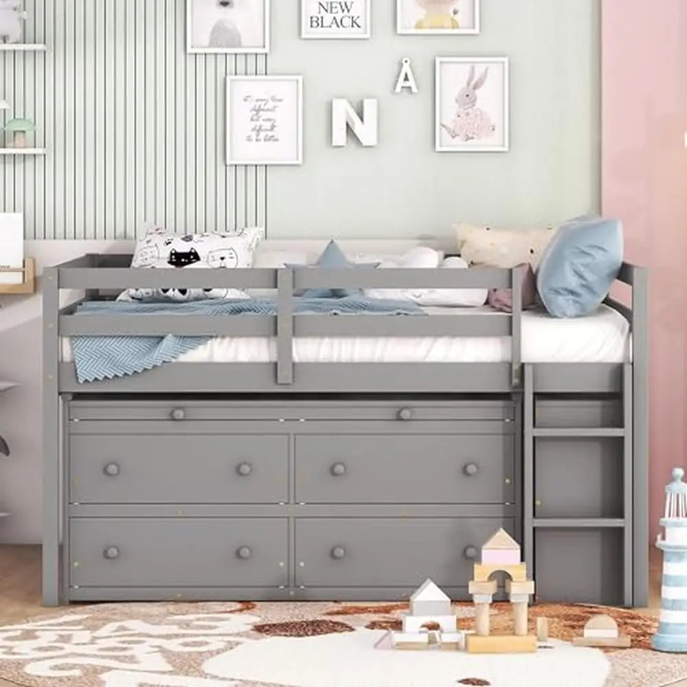 Children's Modern Full Size Wooden Loft Bed with Desk and Storage Drawers