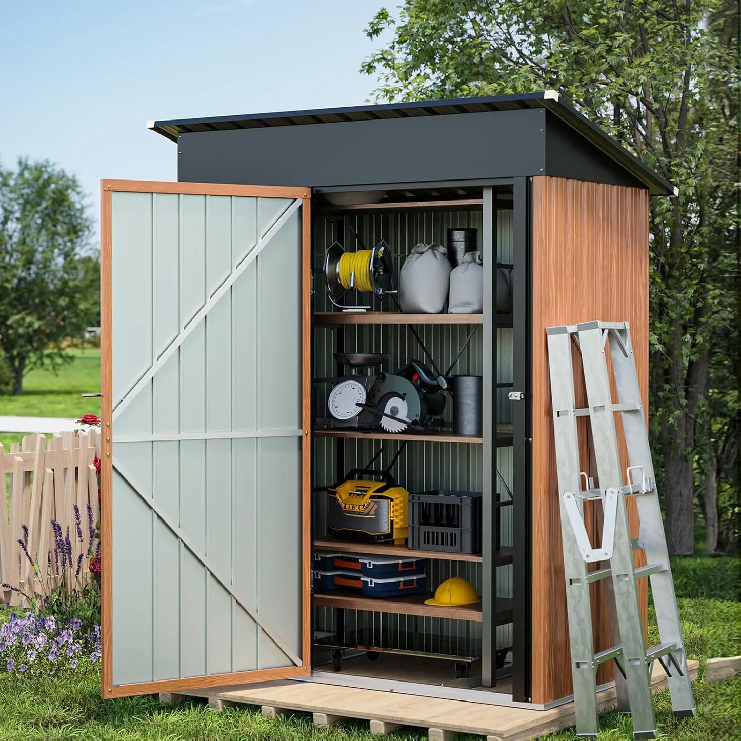 Vertical 5x3 Ft Outdoors Metal Tiny Steel Shed with Frame , Floor & Lockable Doors for Garden
