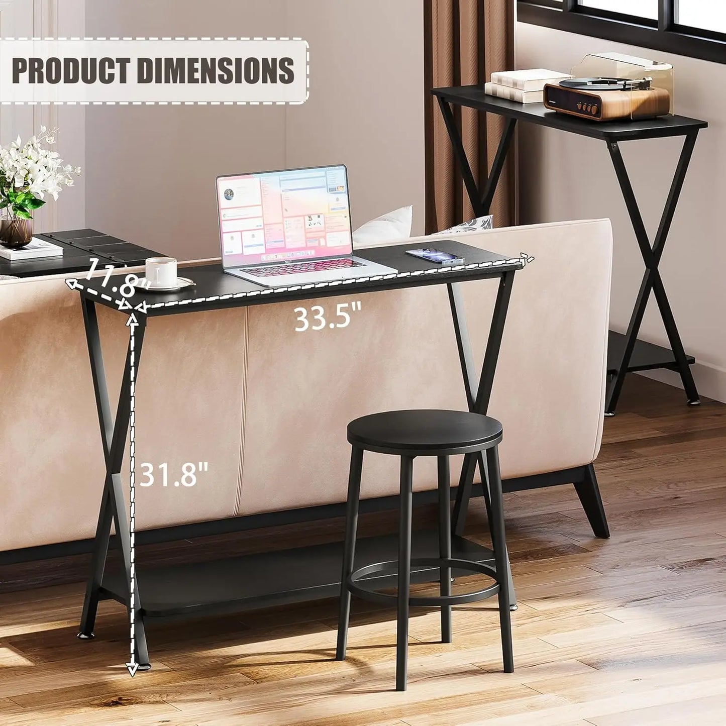 Narrow Console Metal Frame Wood Sofa 2-Tier Industrial Entryway Table with Shelf For Living Room, 80*30*81cm