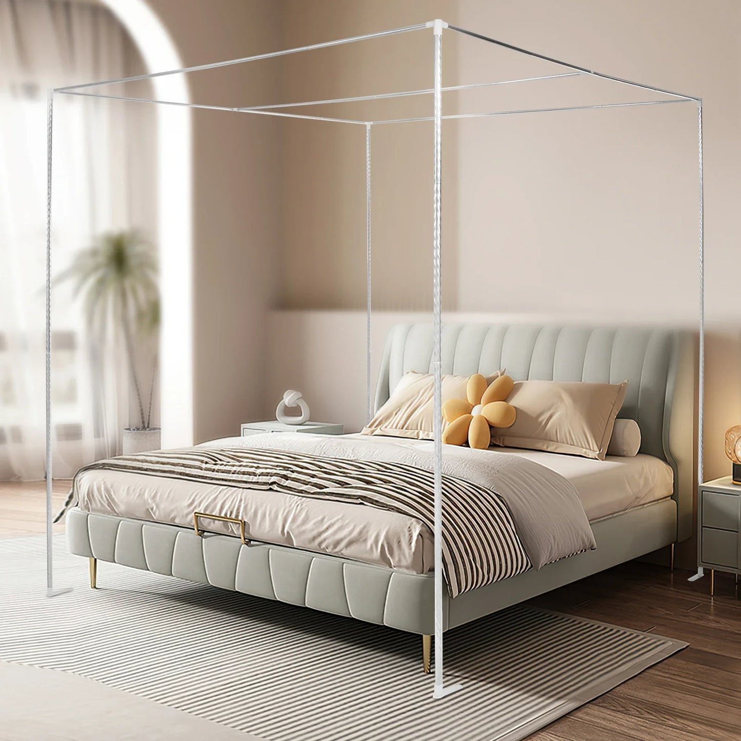 Queen Size Stainless Steel Bedding Canopy Frame with Detachable Mosquito Net for 4 Corner Bed