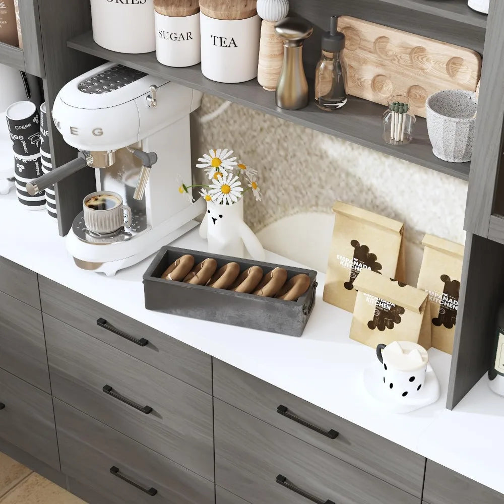 94.5" W Modern Wooden Kitchen Pantry with Countertop, 12 Drawers & 4 Glass Doors, Cupboard Storage Cabinet and 6 Hidden Shelves