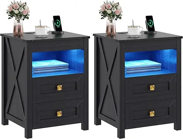Set of 2 LED Farmhouse Nightstand or Bedside Tables with Gun Drawer, Charging Station for Bedroom