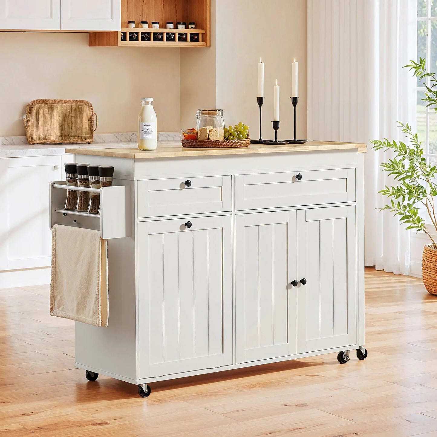 81.7" Mobile Kitchen Storage Islands with Extendable Dining Table, Rolling Kitchen Cart with Power Outlet, Trash Cabinet