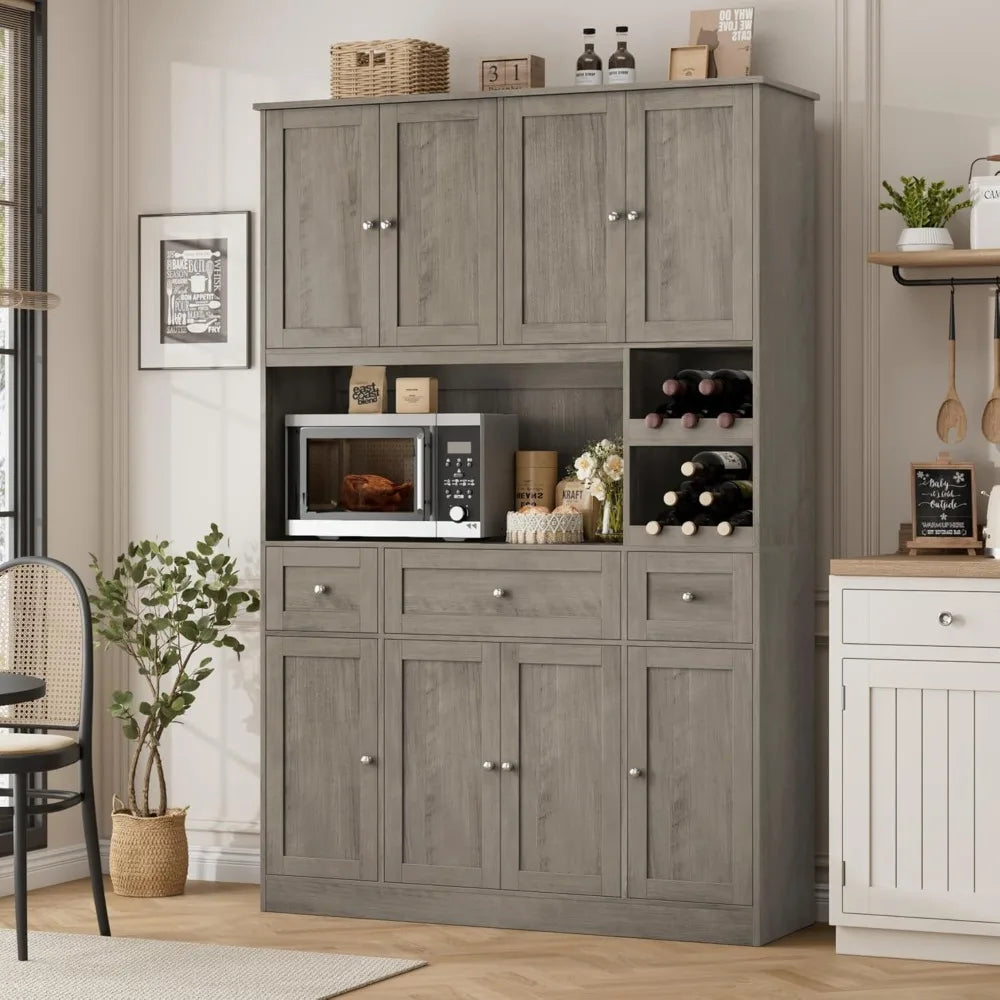 72" Tall Large Modern Kitchen Hutch Pantry Storage Cabinet with Wine Rack, Microwave Stand for Kitchen or Dining Room