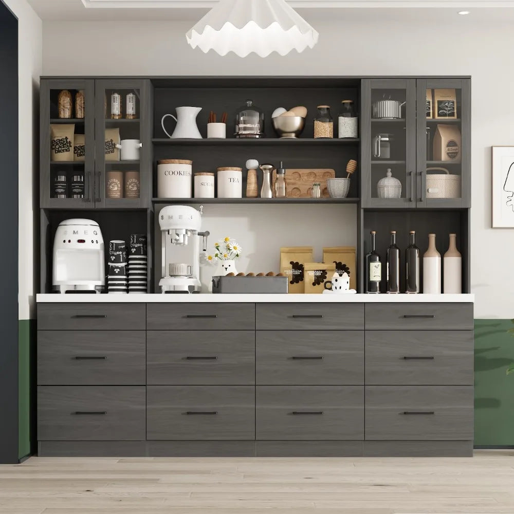 94.5" W Modern Wooden Kitchen Pantry with Countertop, 12 Drawers & 4 Glass Doors, Cupboard Storage Cabinet and 6 Hidden Shelves