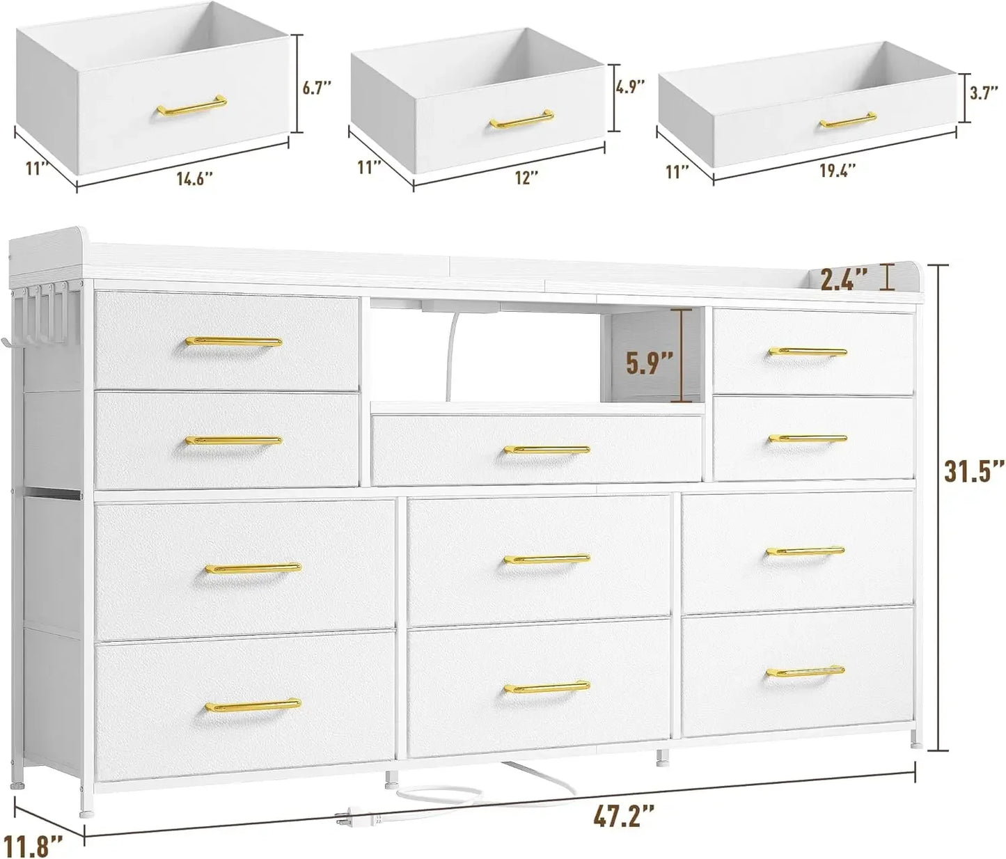 60" Long Dresser TV Stand with 11 Drawers, LED Lights, Charging Station for Bedroom
