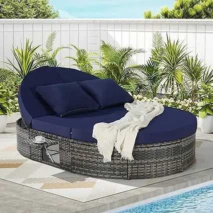 Outdoor Round Patio Daybed, Rattan Sun Bed with Adjustable Backrests and Foldable Cup Trays, Reclining Outdoor Lounger with Cus